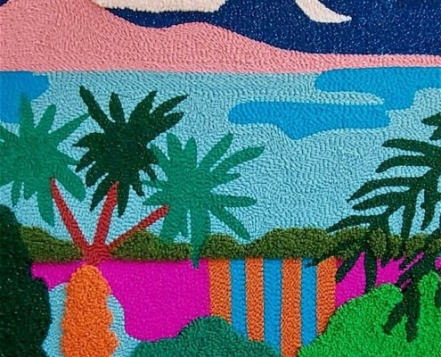 création textile unique tableau tufté motif clair de lune par chaumière oiseau