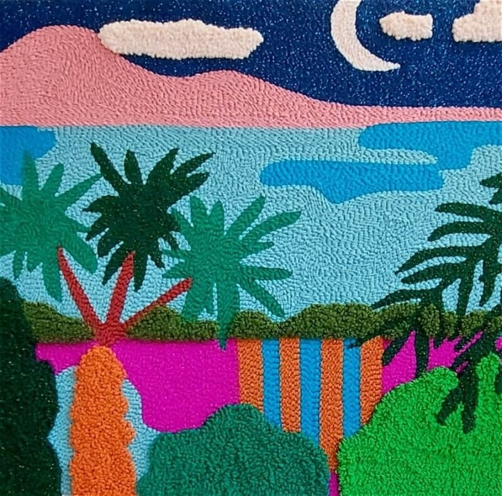 création textile unique tableau tufté motif clair de lune par chaumière oiseau
