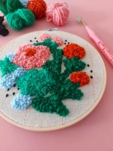 kit d'aiguille à poinçonner punch needle motif pollen chaumière oiseau