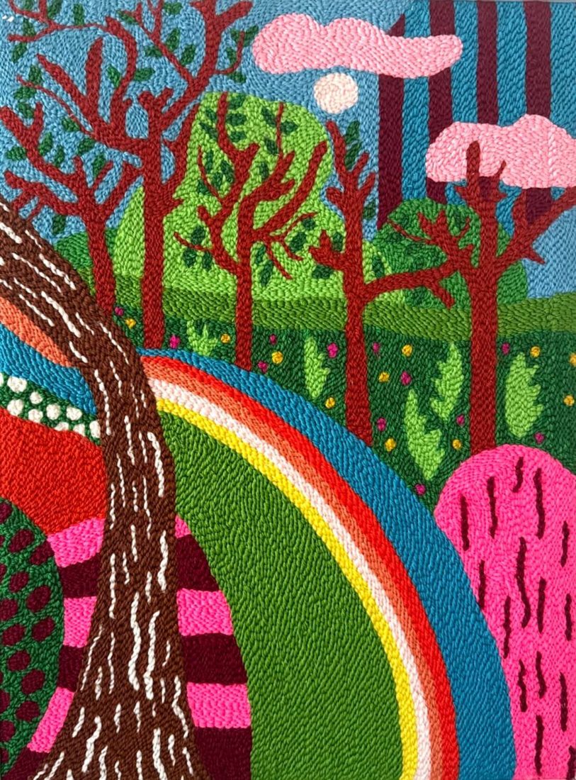 Tableau Ode to Hockney, broderie à la punch needle, fils de laine et coton tableau artisanat textile broderie à la punch needle par chaumière oiseau hommage à david hockney