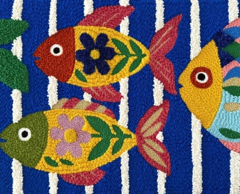tableau textile poissons fleurs art textile en fils laine et lurex - chaumière oiseau