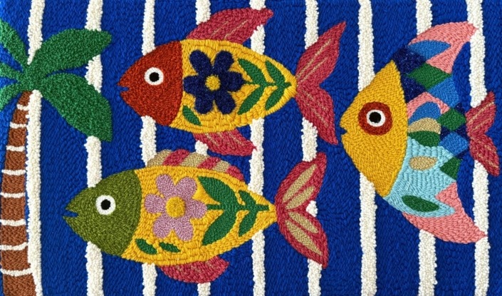 tableau textile poissons fleurs art textile en fils laine et lurex - chaumière oiseau