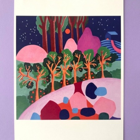 Illustration A4 Moebius Night – dessin poétique aux couleurs vives inspiré des paysages nocturnes