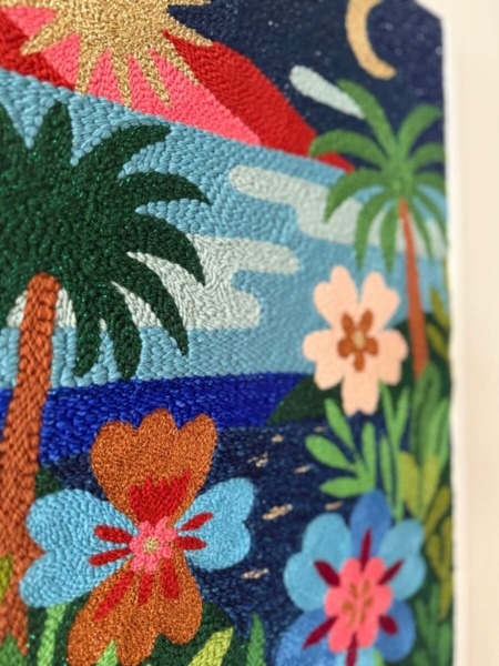 detail tableau textile mer et palmier nuight in hawaii par chaumiere oiseau studio