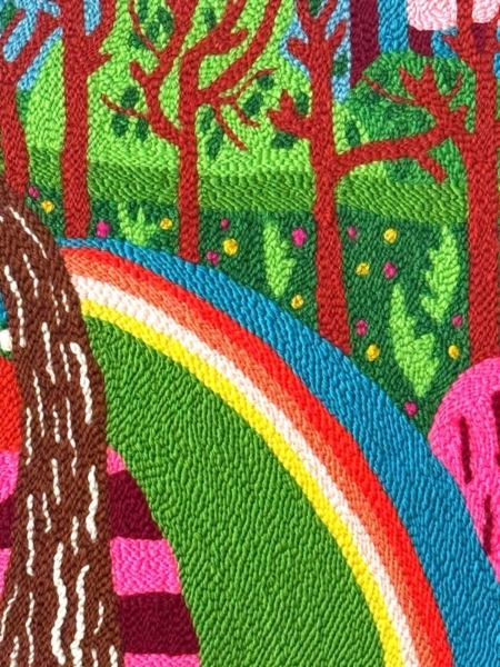 composition colorée verte et multicolore tableau brodé pièce unique ode to Hockney