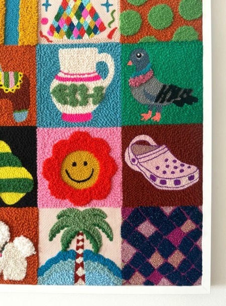 vue de face tableau textile patch memory par chaumiere oiseau studio