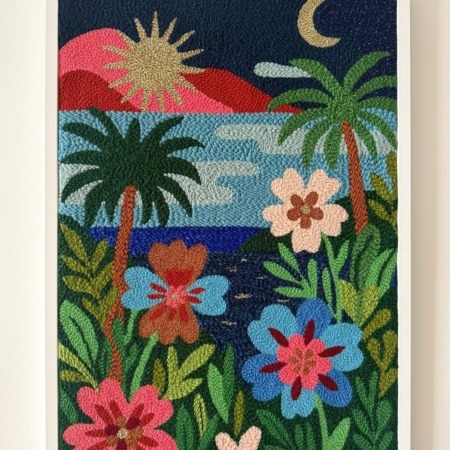 tableaux rectangulaire représentant une nuit étoilée au-dessus d'une végétation luxuriante par chaumiere oiseau studio
