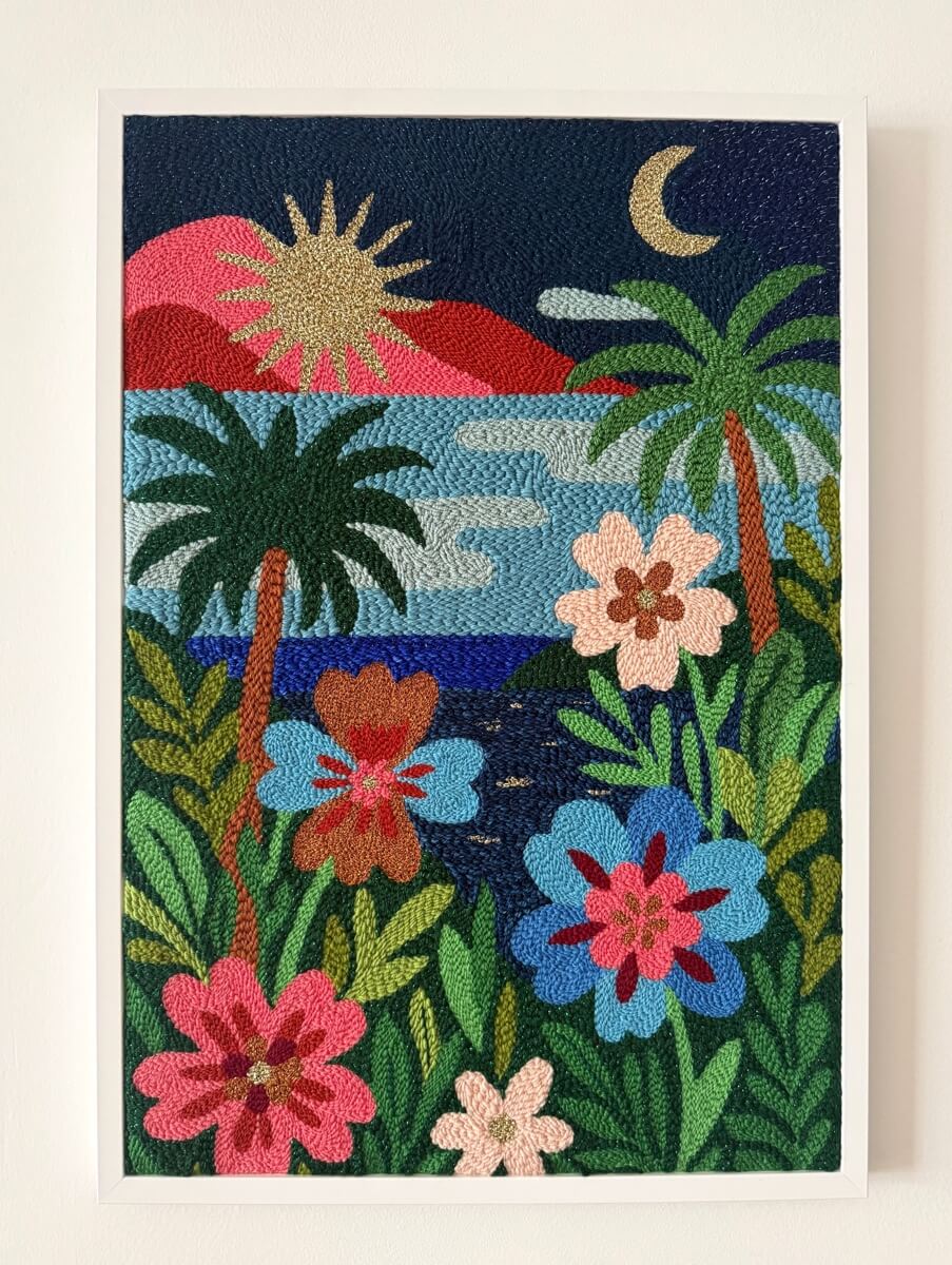 tableaux rectangulaire représentant une nuit étoilée au-dessus d'une végétation luxuriante par chaumiere oiseau studio