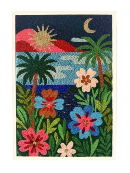 tableau textile encadré scène tropicale en laine et fil pailleté - night in hawaii par chaumiere oiseau studio