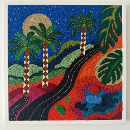 tableau au format carré représentant des palmiers sous la nuit scintillante bleu vif par chaumiere oiseau studio