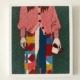 tableau textile rectangulaire représentant une femme en gilet rose avec un pantalon en patchwork coloré et tenant sa tasse de café à la main