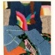 Tableau textile brodé représentant une scène de vie avec une personne portant un pull arc-en-ciel, réalisée en punch needle fine, en laine